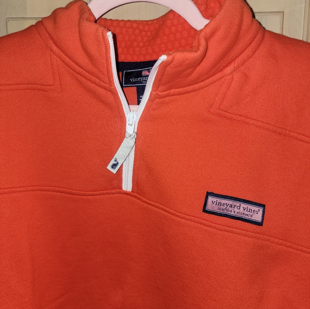 Mens Sz M Vineyard Vines Bright Orange 1/4 Zip Sweatshirt White Trim - Picture 3 of 11